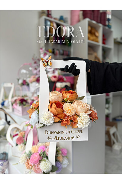 Edora Design Turuncu Çiçek Aranjmanlı Dik Yapay Çiçek Çantası | Kişiselleştir...