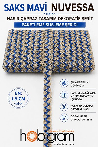 Hobigram Saks plava Nuvessa dekorativna traka od pruća sa križnim dizajnom, 5...