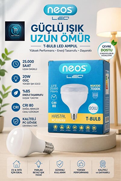 Neos LED Ampul 20W 7000K Beyaz Işık 25.000 Saat Uzun Ömür