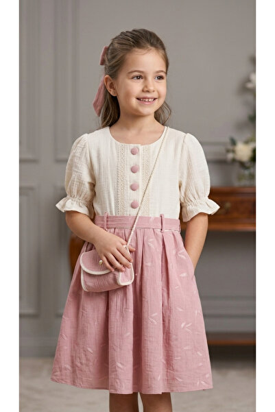 DERMO Σετ φόρεμα και τσάντα για κορίτσια σε ροζ μουσελίνα με vintage σχέδιο κ...