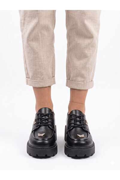 OEM Mocasini Damă "Butterfly Style" Platform – Piele Ecologica Negri, Talpă Chunky Ușoară, Detaliu Fluture Cristale, Stil Office & Casual