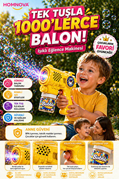 Homnova Işıklı Bubble Gun Balon Tabancası – Tek Tuş, Sürekli Balon, Çocuk Oyu...
