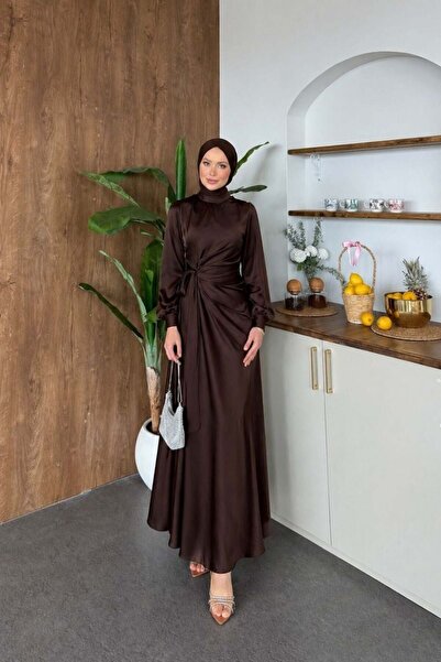 Şulemoda Giyim Νόκτιρα Σατέν Φόρεμα Καφέ