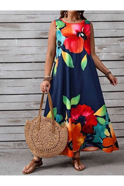Iuliashop Long Deiva Navy Blue Dress with Red Floral Print - Plus Sizes - 44