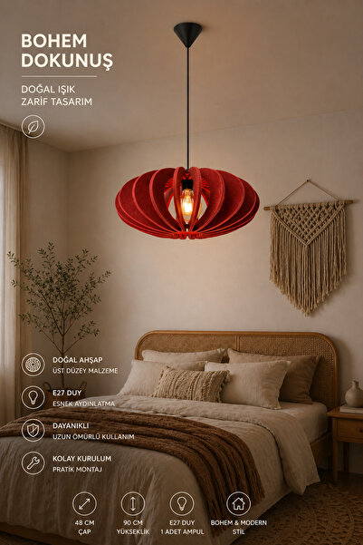 Elvora Home Ahşap Modern (PREMİUM) Bohem Sarkıt Avizesi 48 cm Salon Yatak Otu...