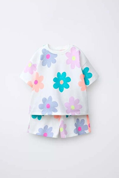 Magu Kız Çocuk Pamuklu Çiçek Desenli T-shirt Şort Takım