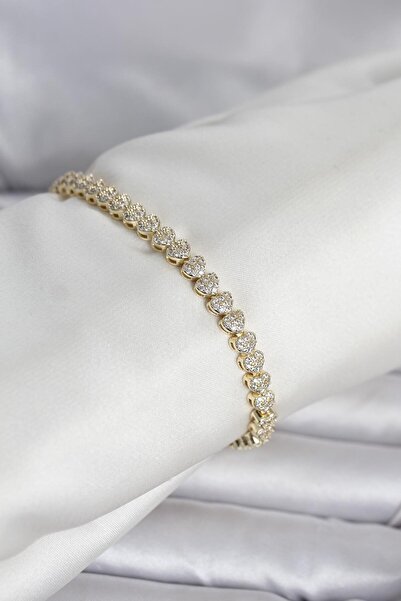 Hobibahçem Brass Gold Color Heart Model Row Zircon Stone Women's Bracelet