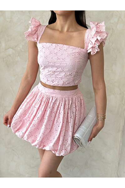 ZTO Women's Short Brode Fabric Balloon Skirt with Elastic Waist Crop Set