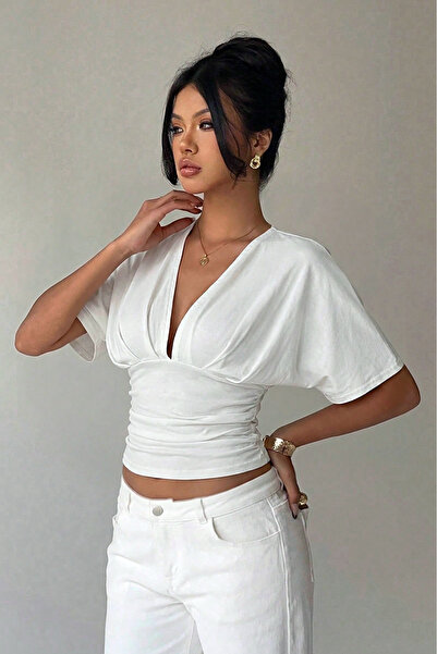 TwillCollection بلوزة نسائية بأكمام خفاشية وياقة على شكل حرف V