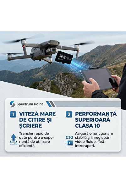 SpectrumPoint Card De Memorie TF (MicroSD) Capacitate 64 GB, Clasa 10, Transfer de mare viteza, Pentru Telefon, Laptop, Tableta, Camera Foto, Camera Video, Camera Auto, Camera De Supraveghere, Consola PSP, Negru