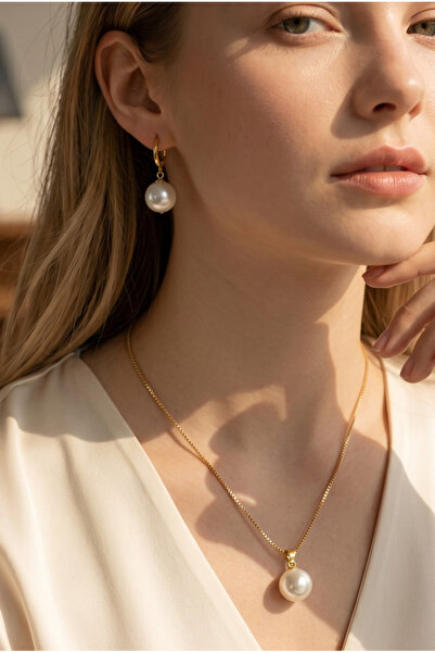 NBS Beautiful Naturel Stones Lüks İnci Kolye ve Küpe Seti - Kararmaz Gold Kap...