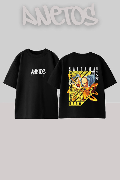 Anetos Μπλουζάκι Saitama Hero Design με στάμπα στην πλάτη, βαμβακερό, μαύρο, ...