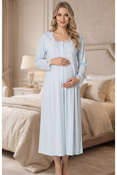 BLACKMORE Women's Blue Lace Long Sleeve Cotton Maternity Nightie