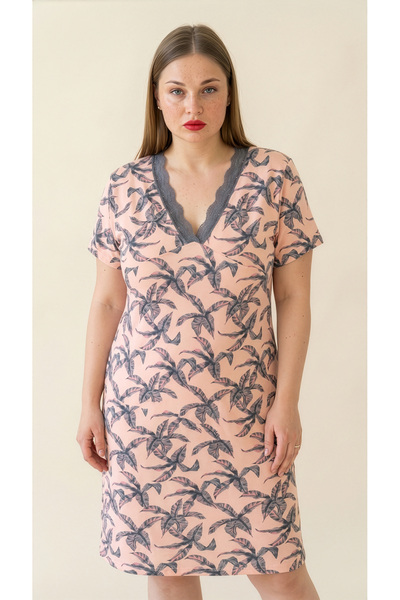 Arzey Salmon Leaf Patterned Viscose Lace Detailed Short Sleeve Plus Size Dress