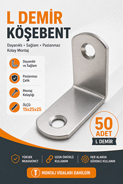 Badem10 L Demir Gönye 15x25x25 mm Oval Başlı 50 Adet Set Dayanıklı Metal Köşe...