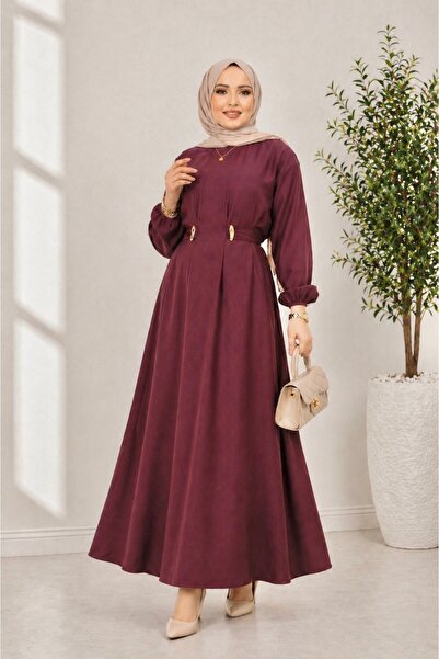 ASTEMİA Women's Gold Buckle Waist Detailed Hijab Long Dress Sb0028