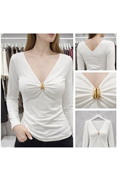 MODA Aura Ring Detailed Ecru V-Neck Blouse
