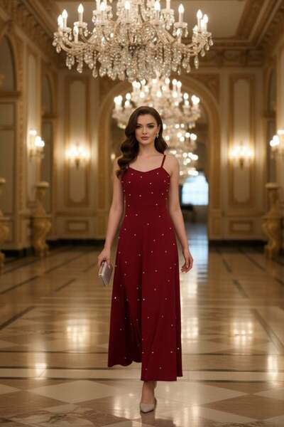 Mossta Thin Straps Pearl Detailed Long Crepe Dress - Red