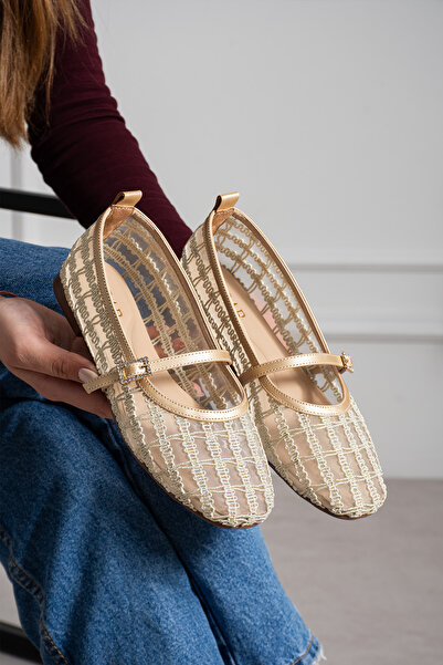dabab shoes RIVENA Γυναικεία χρυσά τούλινα παπούτσια με κέντημα, τετράγωνη μύ...