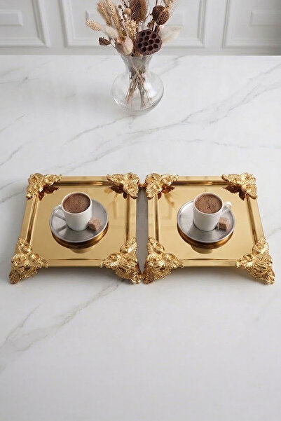 NESS HOME 2-Piece Square Gold Coffee Presentation Tray with Stand 22 cm