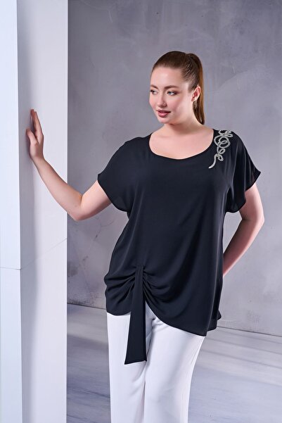 Rain and River Casual Cut Stone-Embellished Blouse (44-48 Compatible)