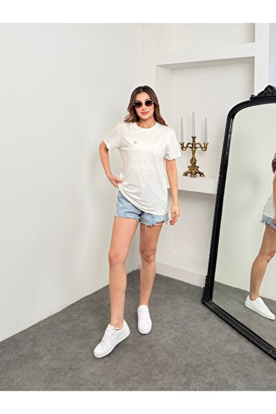 MiraMore Butik Γυναικείο μπλουζάκι με στάμπα κειμένου, βασικό, με λαιμόκοψη, ...
