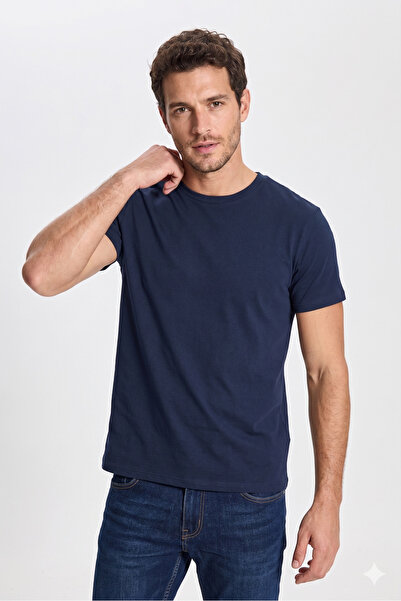 Let's Wear Cotton Fit Cut Crew Neck Navy Blue T-Shirt