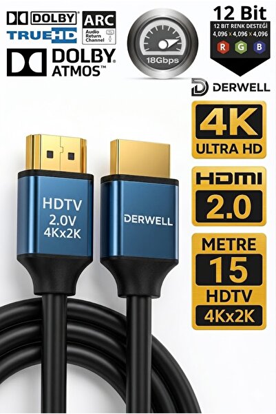 Derwell 15 Metre 15mt Premium 4K HDMI Kablosu HDTV 2.0 15m Oyuncu Bilgisayarı...