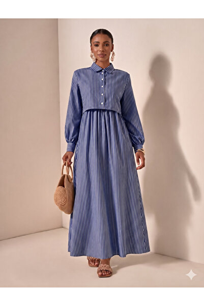 BORCKA TEKSTİL Cepken Detailed Striped Patterned Seasonal Trend Cotton Dress