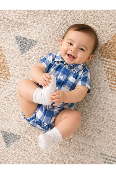 Babyhola Erkek Bebek Çıtçıtlı Gömlek Badi Poplin Kumaş Kısa Kollu Şık Tulum 3503