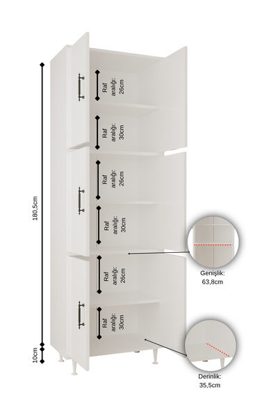 AEKA AE-3015 Mercan Atlantik Çam 6 Kapaklı Çok Amaçlı Dolap Raflı Mutfak Kiler Banyo 195*63*35 Çok Amaçlı Dolap