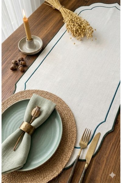 vipceyiz Yeşil Renkli Çift Sargılı 45 x 130 Cm Keten efektli Runner