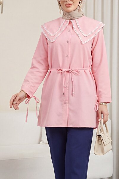 Modamorfo Poplin Tunic with Lace Collar, Tie at the Waist and Tie-Down Sleeve...