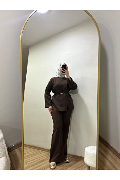 BNGL Boutique Παντελόνι τεσεττούρ, μπλούζα με ζώνη, καφέ σετ