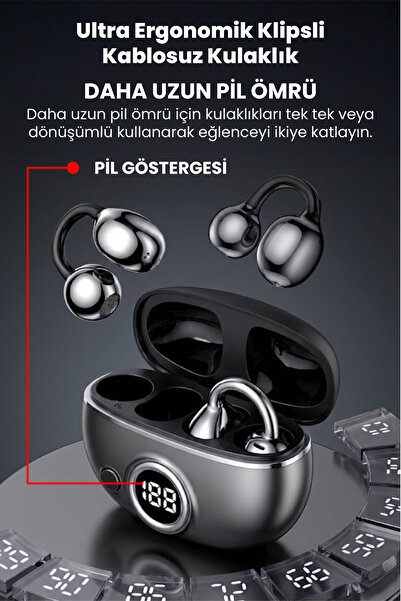inteknoloji Klipsli Bluetooth Kulaklık Kablosuz ANC ENC Çift Mic. Led Gösterge Küpe Kulaklık