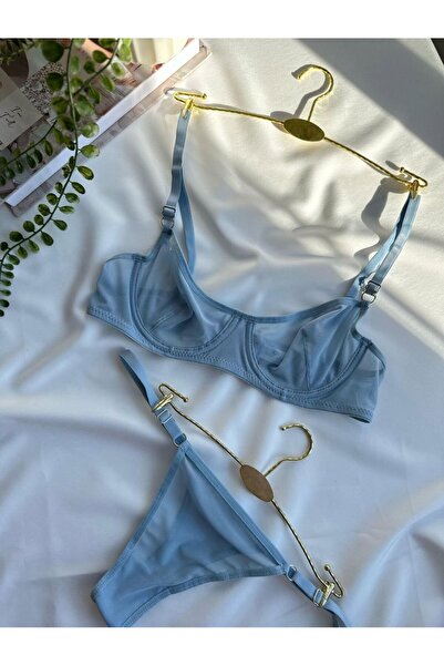 NO BRAND Bebek Mavisi Tül BBalenli İkili Sütyen Tanga Bralet Takım