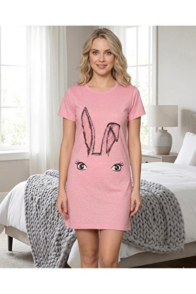 Lila Kadın Pembe Tavşan Baskılı T-Shirt Elbise Rahat Kesim Pamuklu Günlük Ev ...