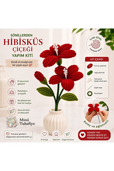 Minii Tuhafiye DIY Şönil Hibisküs Çiçeği Yapım Kiti – Dekoratif El Yapımı Çiç...