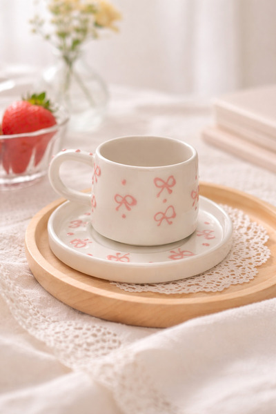 Defne Kitchen kurdale Kabartma Desenli El Yapımı Seramik Tabaklı Kupa Kahve Ç...