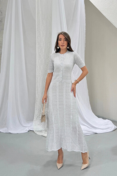 Lusin Women's Gray Premium Pearl Button Detailed Glitter Lined Short Sleeve Summer Long Elegant Knitwear Dress (S/M)
