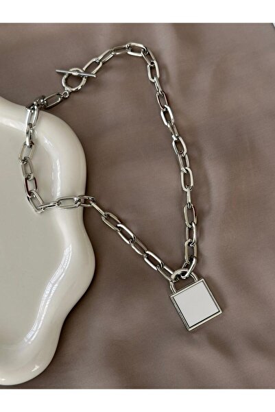 Twelve Silver Color Steel Women's Necklace with White Lock Detail
