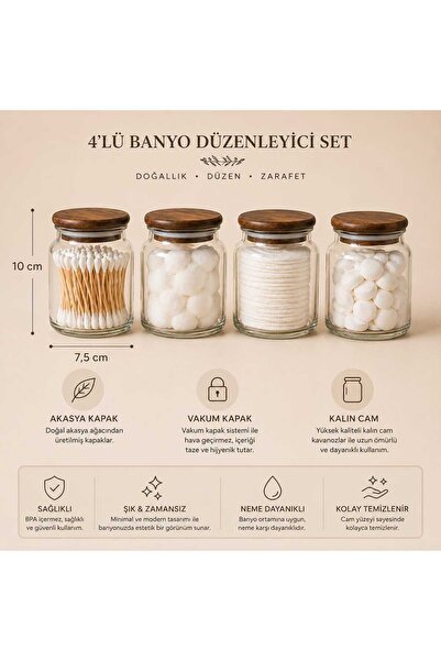 Durina Living 4-Piece Glass Bathroom Organizer Set with Acacia Lid, Cotton Sw...