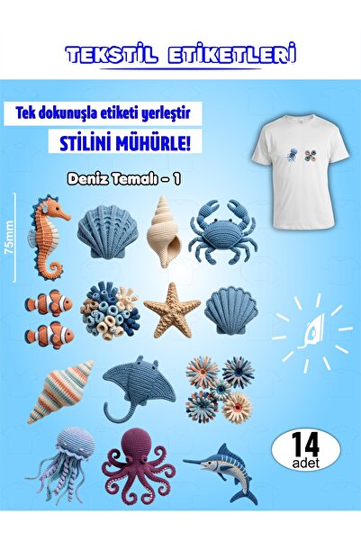 AGG Reklam Ütü ile Yapışan Kıyafet Etiketi Deniz Temalı -1 14Lü Set