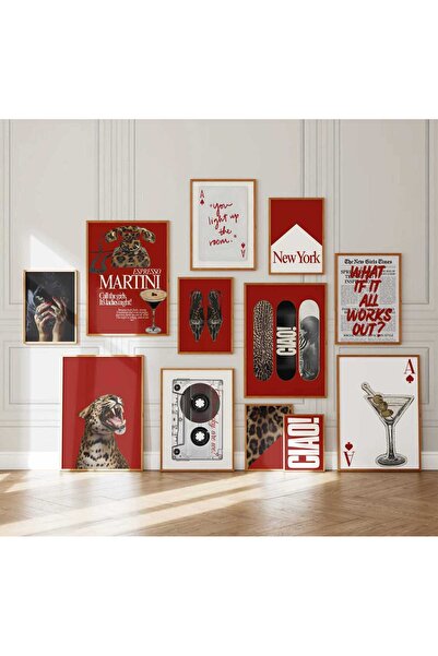NinaStore Şık Kırmızı Galeri Duvar Sanatı Seti: Martini posteri - Leopar - Mo...