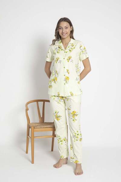 SENFONİ Sarı Çiçek Desenli Kısa Kollu Düğmeli %100 Pamuk Pijama Takımı – Raha...
