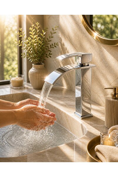 ESHOME Krom Kare Lavabo Bataryası – Şelale Akışlı Kare Gövde Modern Banyo Mus...