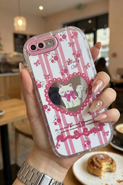 Nezih Case iPhone 7/8 Plus Uyumlu Premium Pembe Kedi ve Fiyonk Desenli Aynalı...