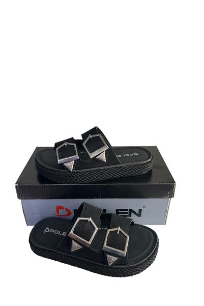 POLEN Black Double Buckle Knitted Sole Daily Orthopedic Slippers