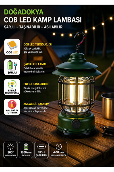 DOĞADOKYA Şarjlı LED Kamp Lambası Dimmer Ayarlı Askılı Portatif Işıldak El Fe...