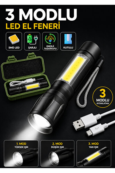 Şarjlı Metal El Feneri 3 Mod COB LED Zoomlu Mini Boy Type-C Kutulu Acil Durum Lambası